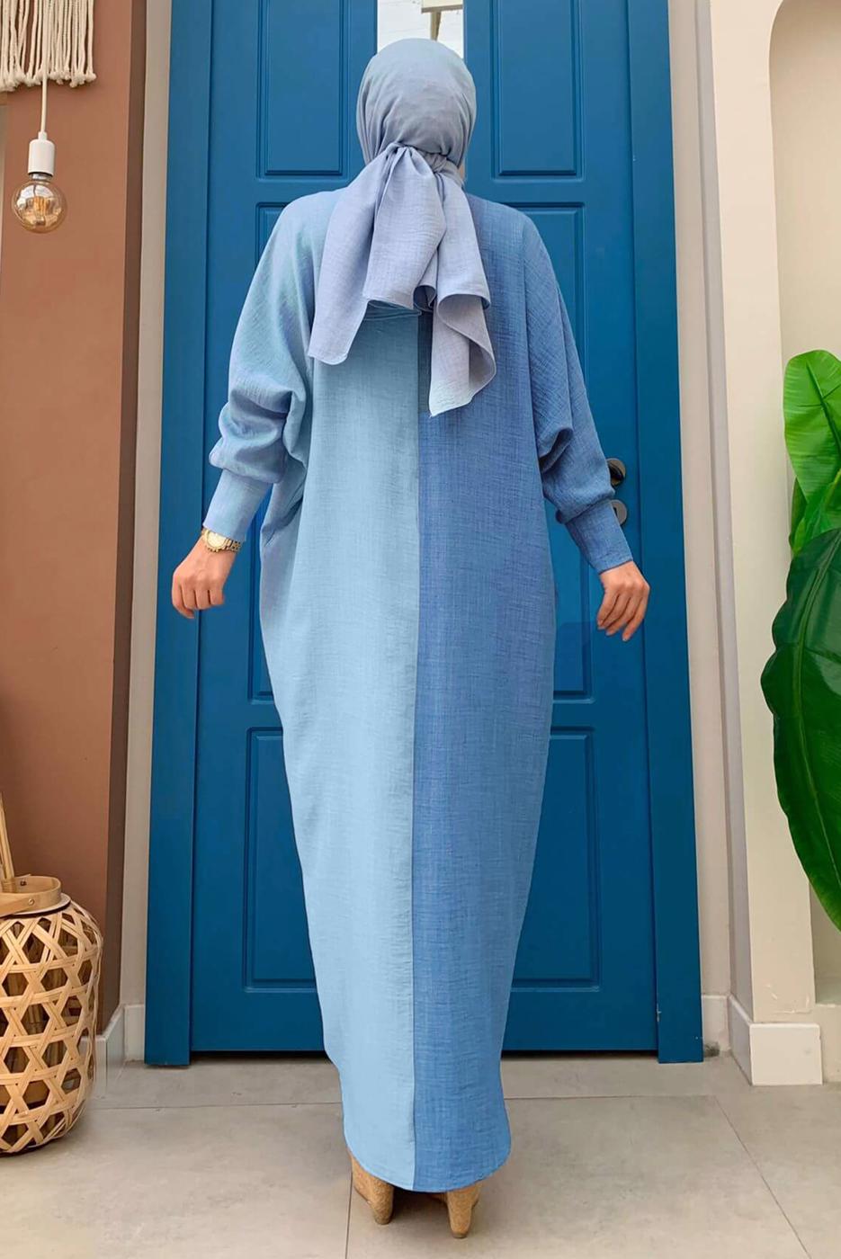 Tesettür giyim MAVİ İKİ RENKLİ SALAŞ ELBİSE T 8083