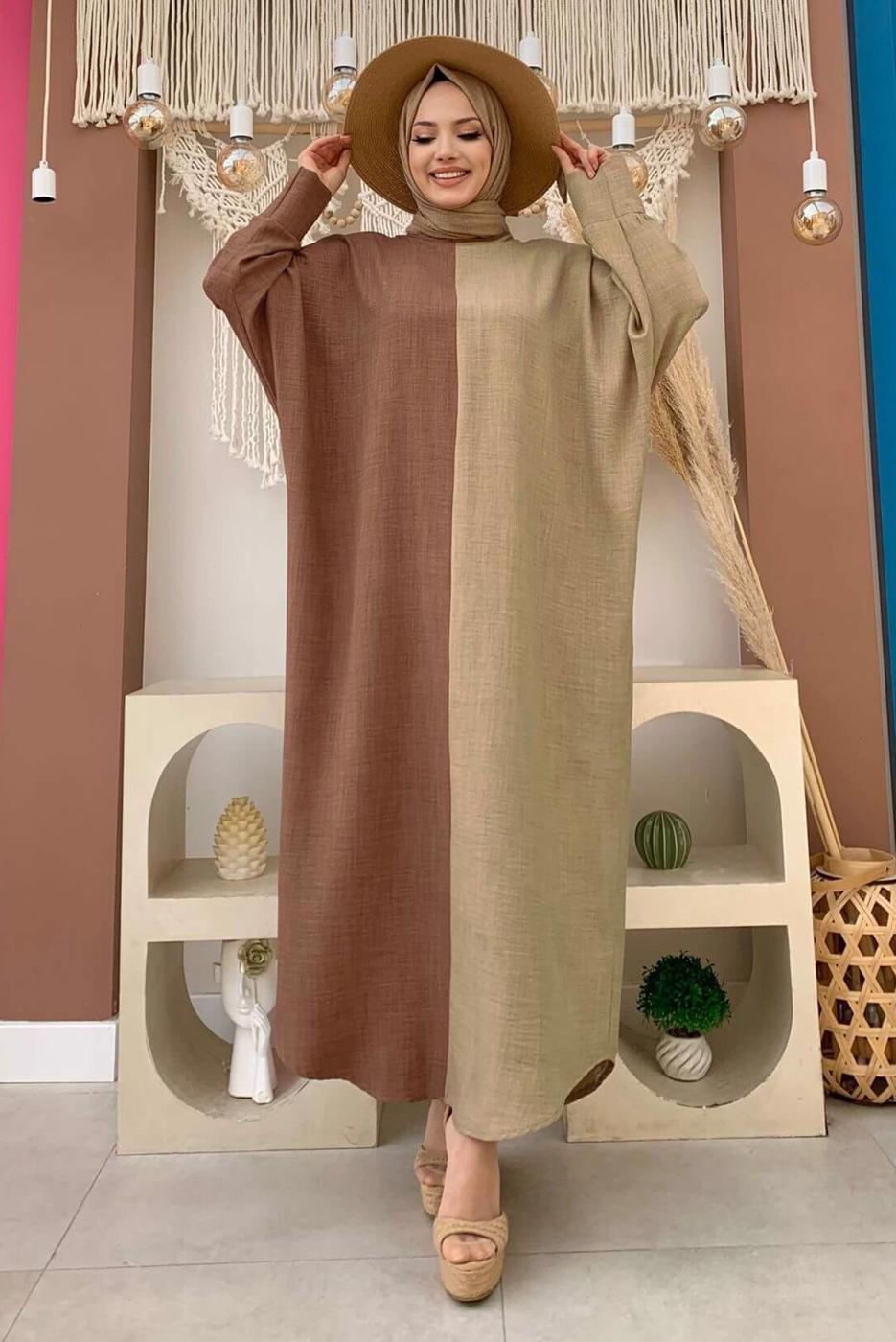 Tesettür giyim KAHVE İKİ RENKLİ SALAŞ ELBİSE T 8083