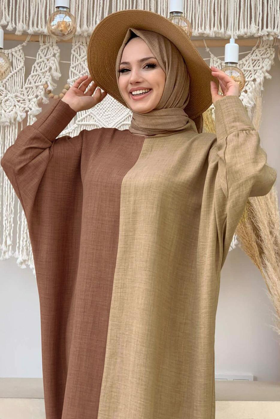 Tesettür giyim KAHVE İKİ RENKLİ SALAŞ ELBİSE T 8083