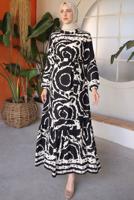 Tesettür giyim SİYAH KUŞAKLI DESENLİ ELBİSE T 81021