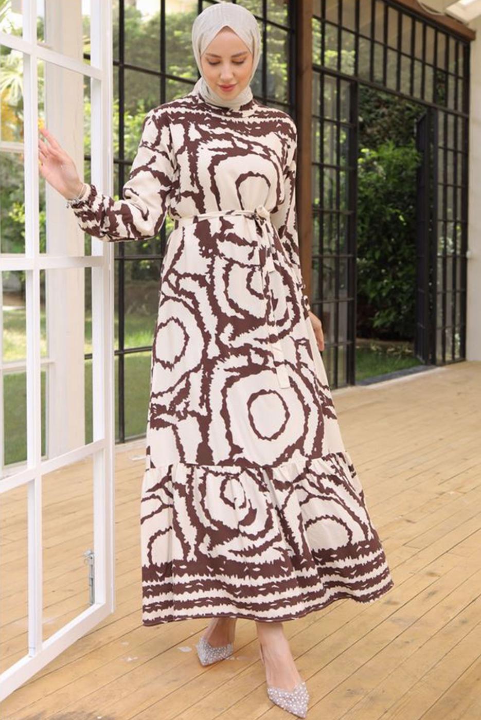 Tesettür giyim KAHVE KUŞAKLI DESENLİ ELBİSE T 81021