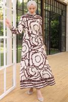 Tesettür giyim KAHVE KUŞAKLI DESENLİ ELBİSE T 81021