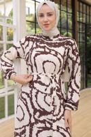 Tesettür giyim KAHVE KUŞAKLI DESENLİ ELBİSE T 81021