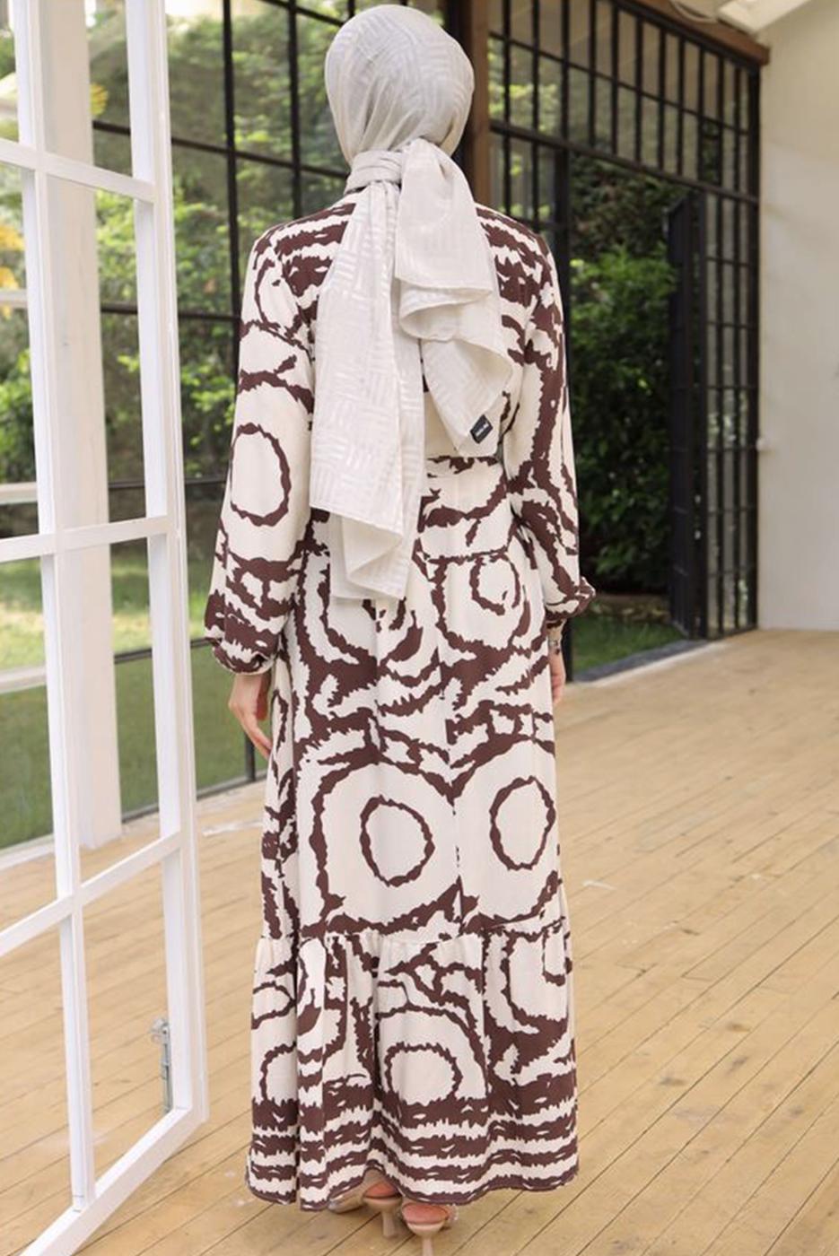 Tesettür giyim KAHVE KUŞAKLI DESENLİ ELBİSE T 81021