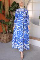 Tesettür giyim LACİVERT KUŞAKLI DESENLİ ELBİSE T 81021