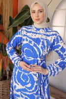 Tesettür giyim LACİVERT KUŞAKLI DESENLİ ELBİSE T 81021