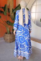 Tesettür giyim LACİVERT KUŞAKLI DESENLİ ELBİSE T 81021