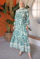 Tesettür giyim YEŞİL KUŞAKLI DESENLİ ELBİSE T 81021