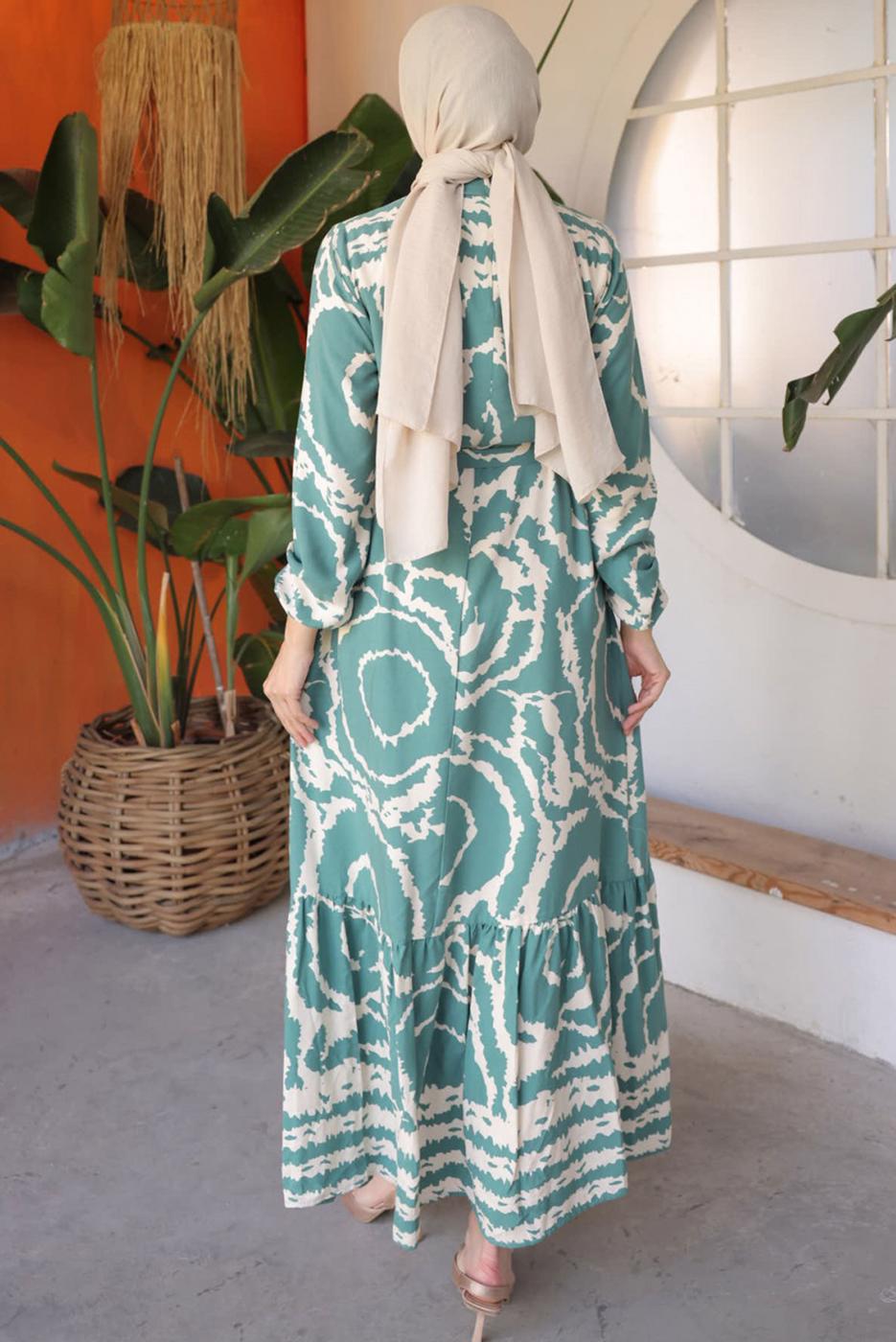 Tesettür giyim YEŞİL KUŞAKLI DESENLİ ELBİSE T 81021
