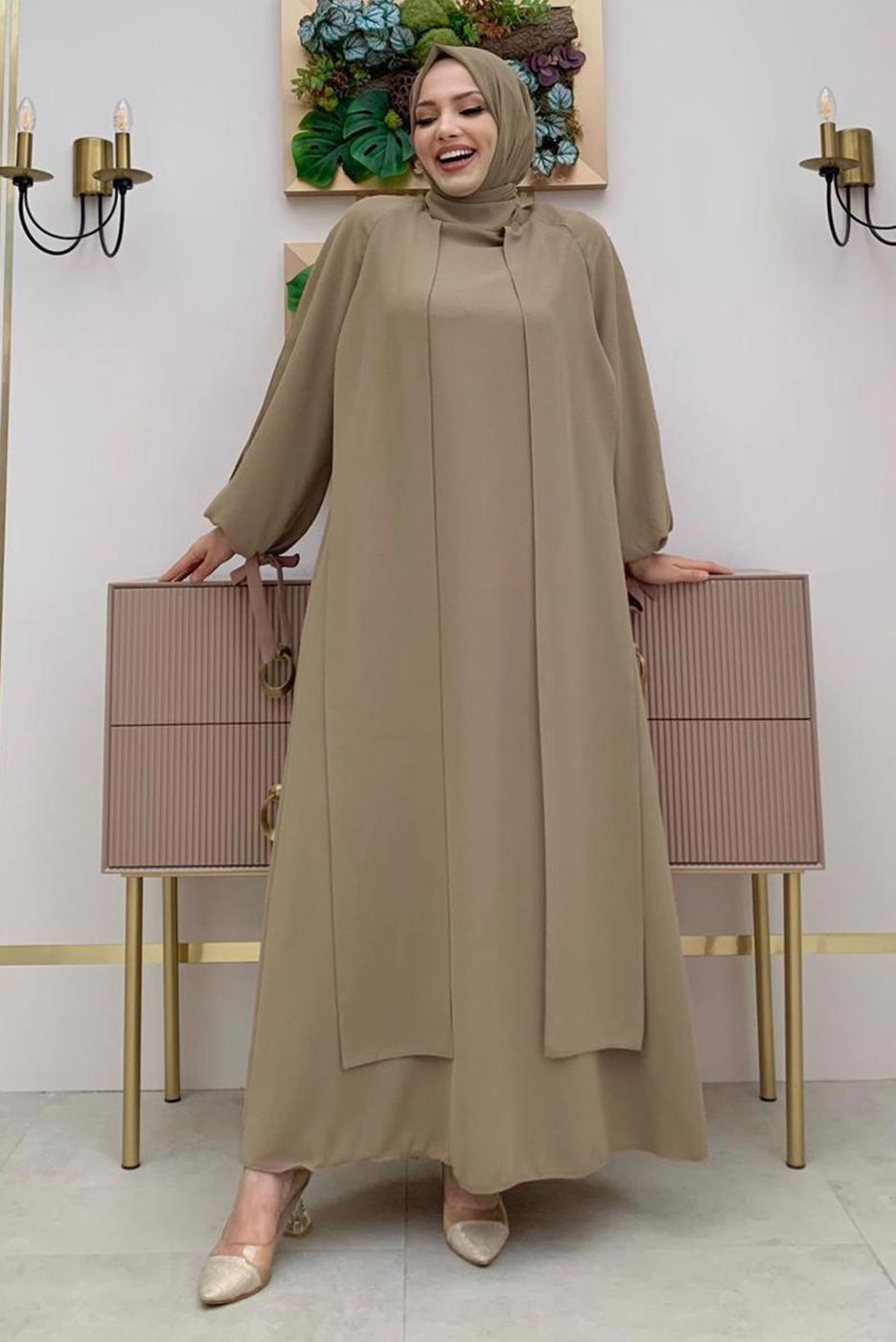 Tesettür giyim VİZON PARÇA GÖRÜNÜMLÜ KREP ELBİSE T 8183