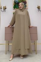 Tesettür giyim VİZON PARÇA GÖRÜNÜMLÜ KREP ELBİSE T 8183