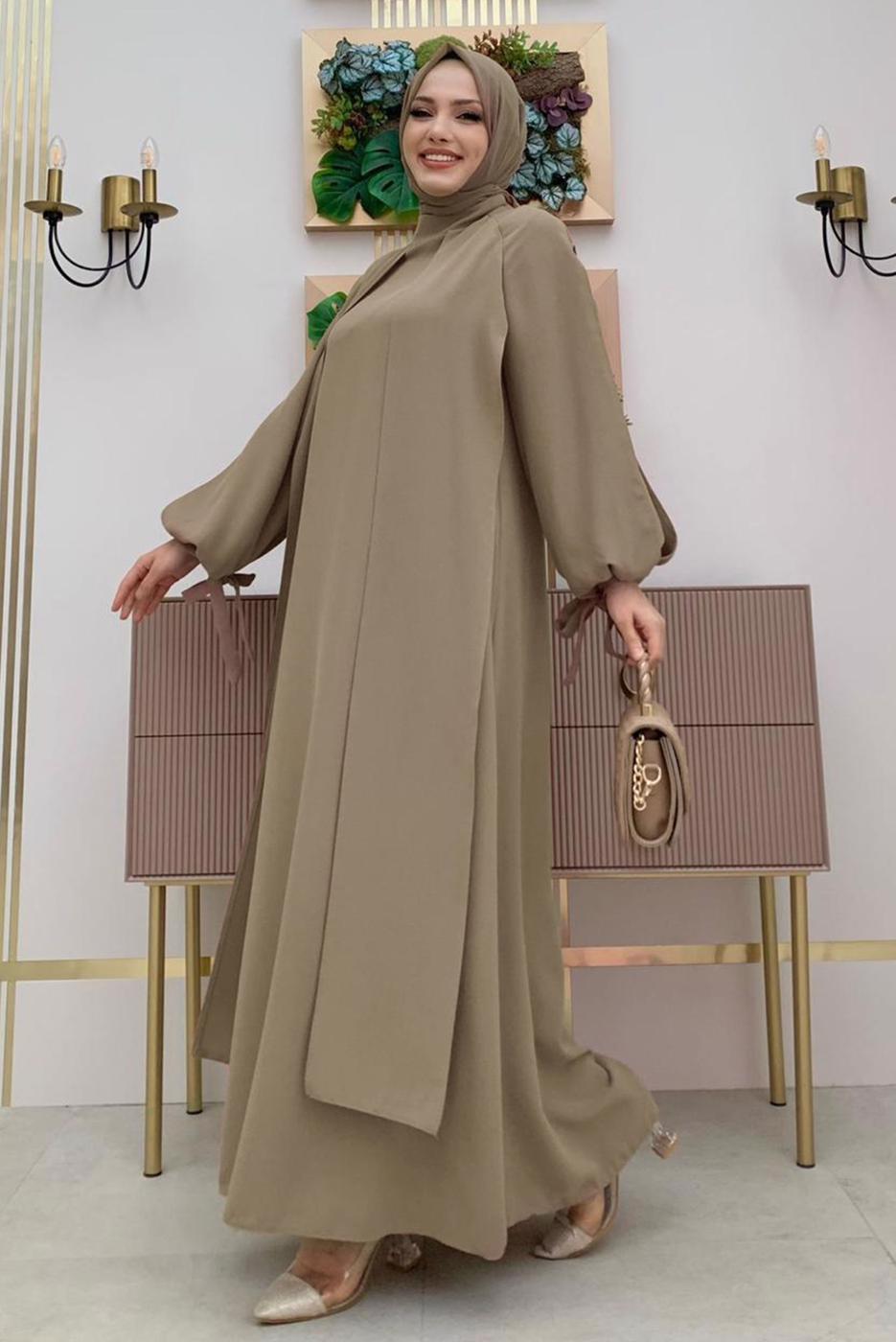 Tesettür giyim VİZON PARÇA GÖRÜNÜMLÜ KREP ELBİSE T 8183