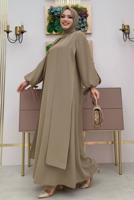 Tesettür giyim VİZON PARÇA GÖRÜNÜMLÜ KREP ELBİSE T 8183