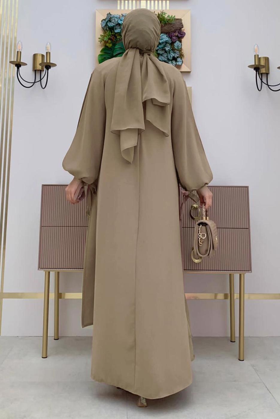 Tesettür giyim VİZON PARÇA GÖRÜNÜMLÜ KREP ELBİSE T 8183