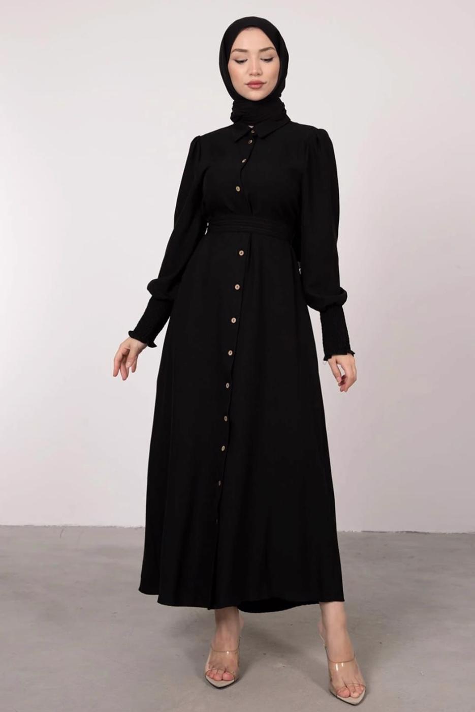 Tesettür giyim SİYAH KUŞAKLI ELBİSE T 8338