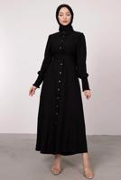 Tesettür giyim SİYAH KUŞAKLI ELBİSE T 8338