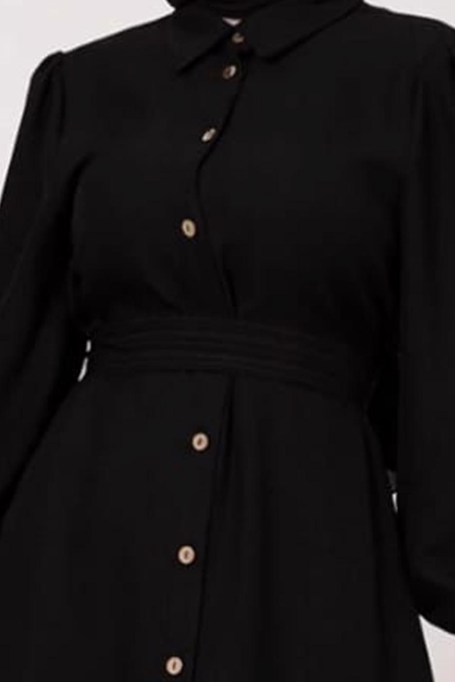 Tesettür giyim SİYAH KUŞAKLI ELBİSE T 8338