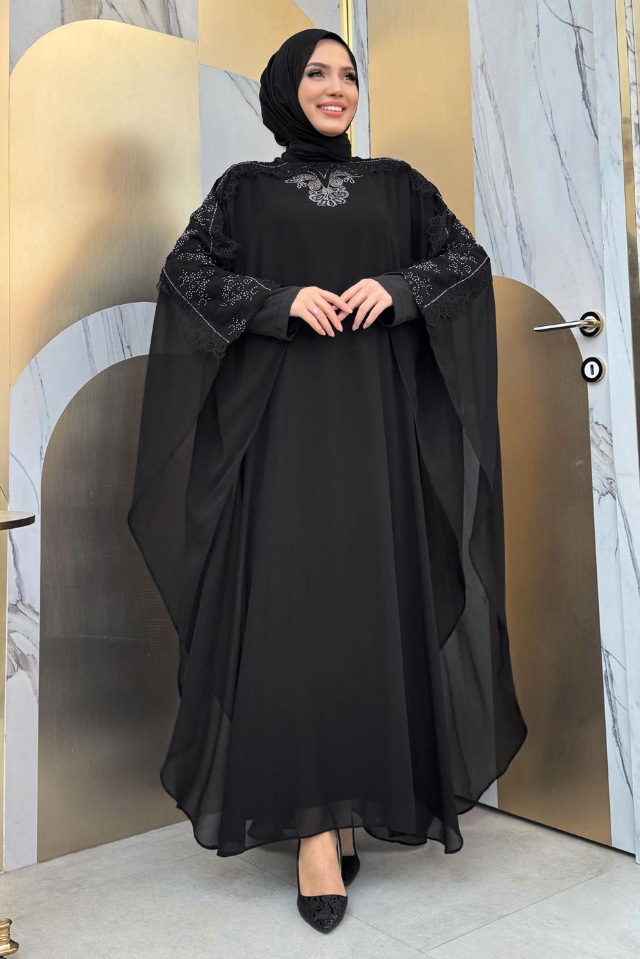 Tesettür giyim SİYAH PELERİNLİ ŞİFON ELBİSE T 8353