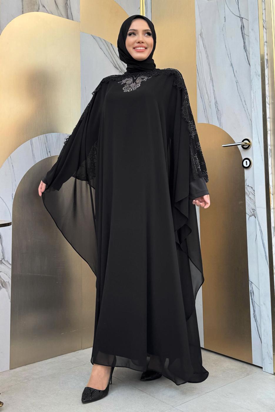 Tesettür giyim SİYAH PELERİNLİ ŞİFON ELBİSE T 8353