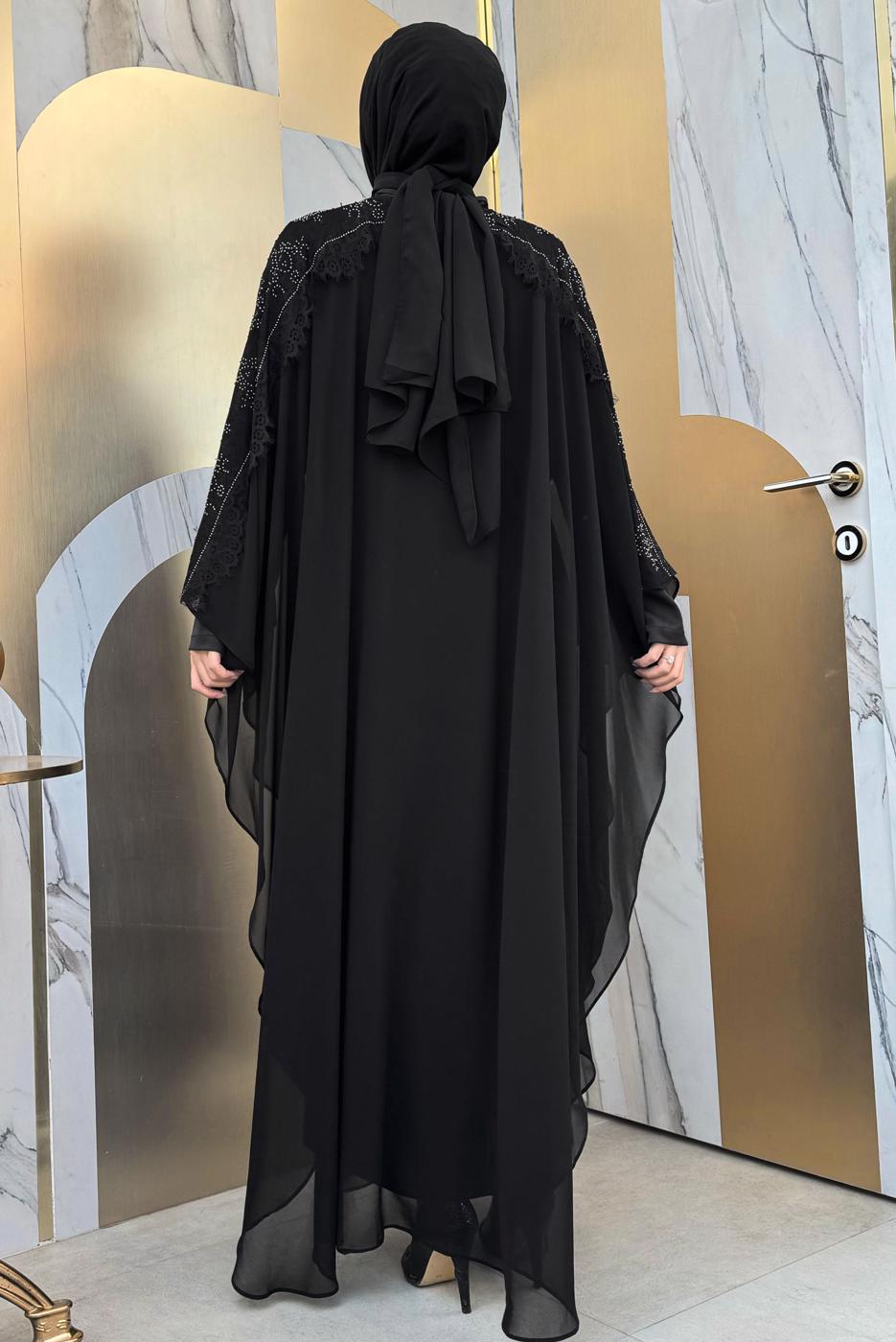 Tesettür giyim SİYAH PELERİNLİ ŞİFON ELBİSE T 8353