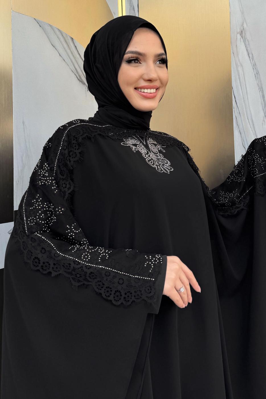 Tesettür giyim SİYAH PELERİNLİ ŞİFON ELBİSE T 8353