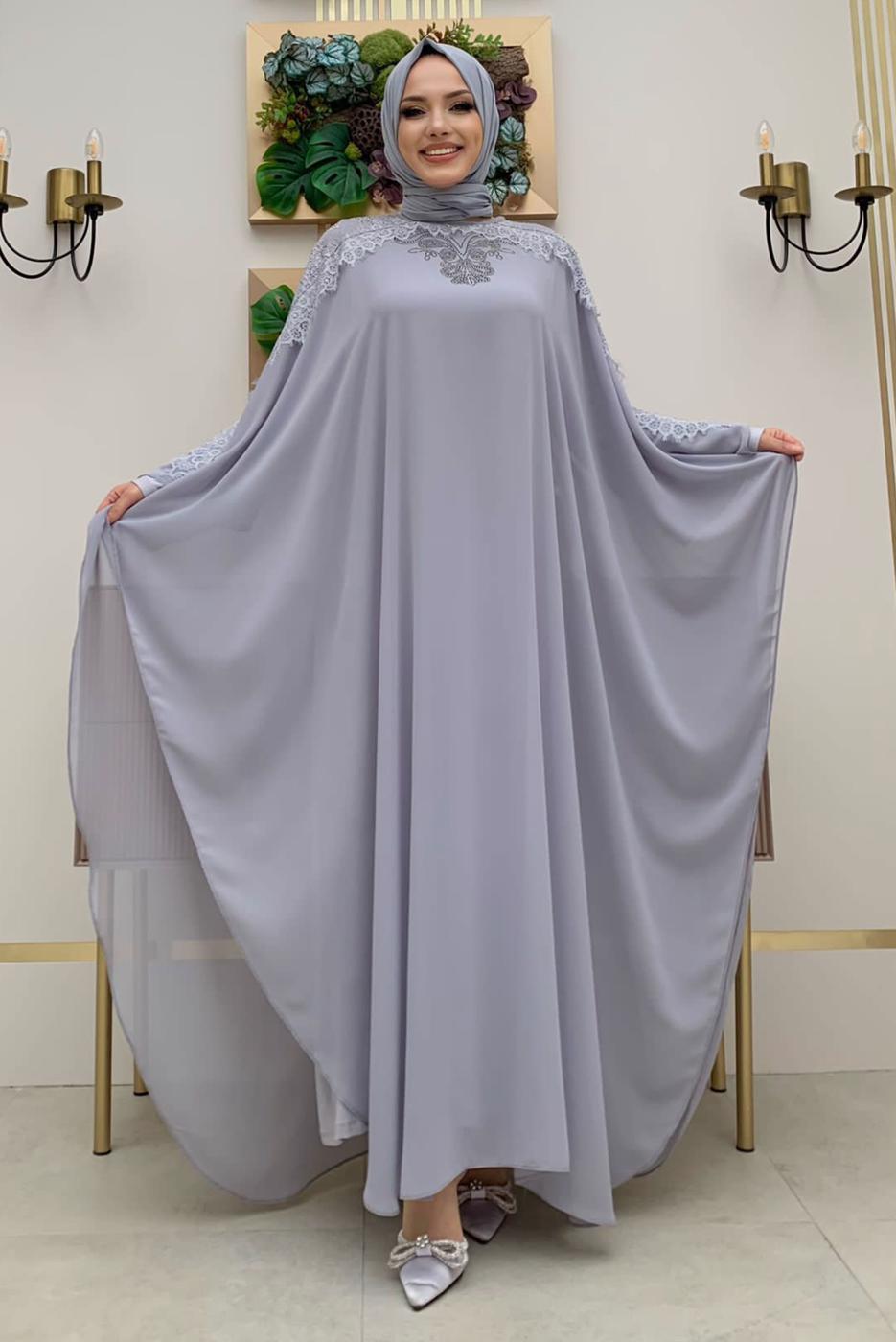 Tesettür giyim GRİ PELERİNLİ ŞİFON ELBİSE T 8353
