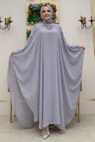 Tesettür giyim GRİ PELERİNLİ ŞİFON ELBİSE T 8353