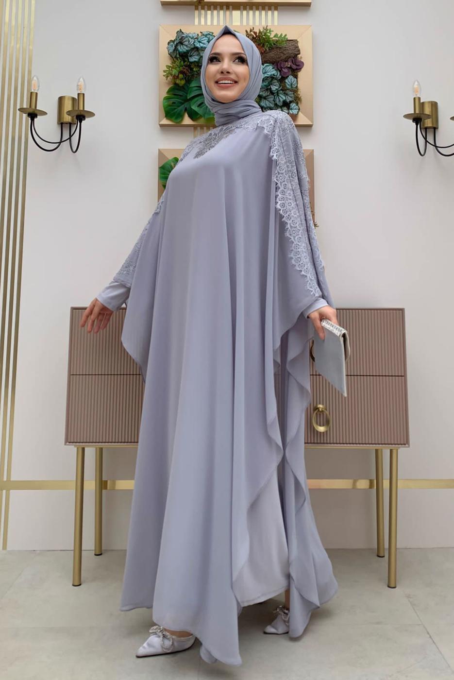 Tesettür giyim GRİ PELERİNLİ ŞİFON ELBİSE T 8353