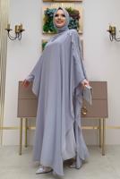 Tesettür giyim GRİ PELERİNLİ ŞİFON ELBİSE T 8353