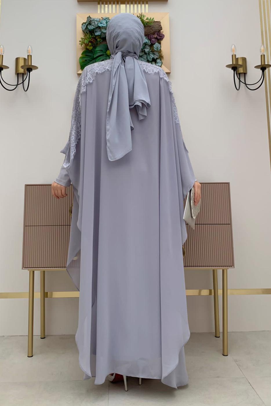 Tesettür giyim GRİ PELERİNLİ ŞİFON ELBİSE T 8353