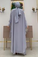 Tesettür giyim GRİ PELERİNLİ ŞİFON ELBİSE T 8353
