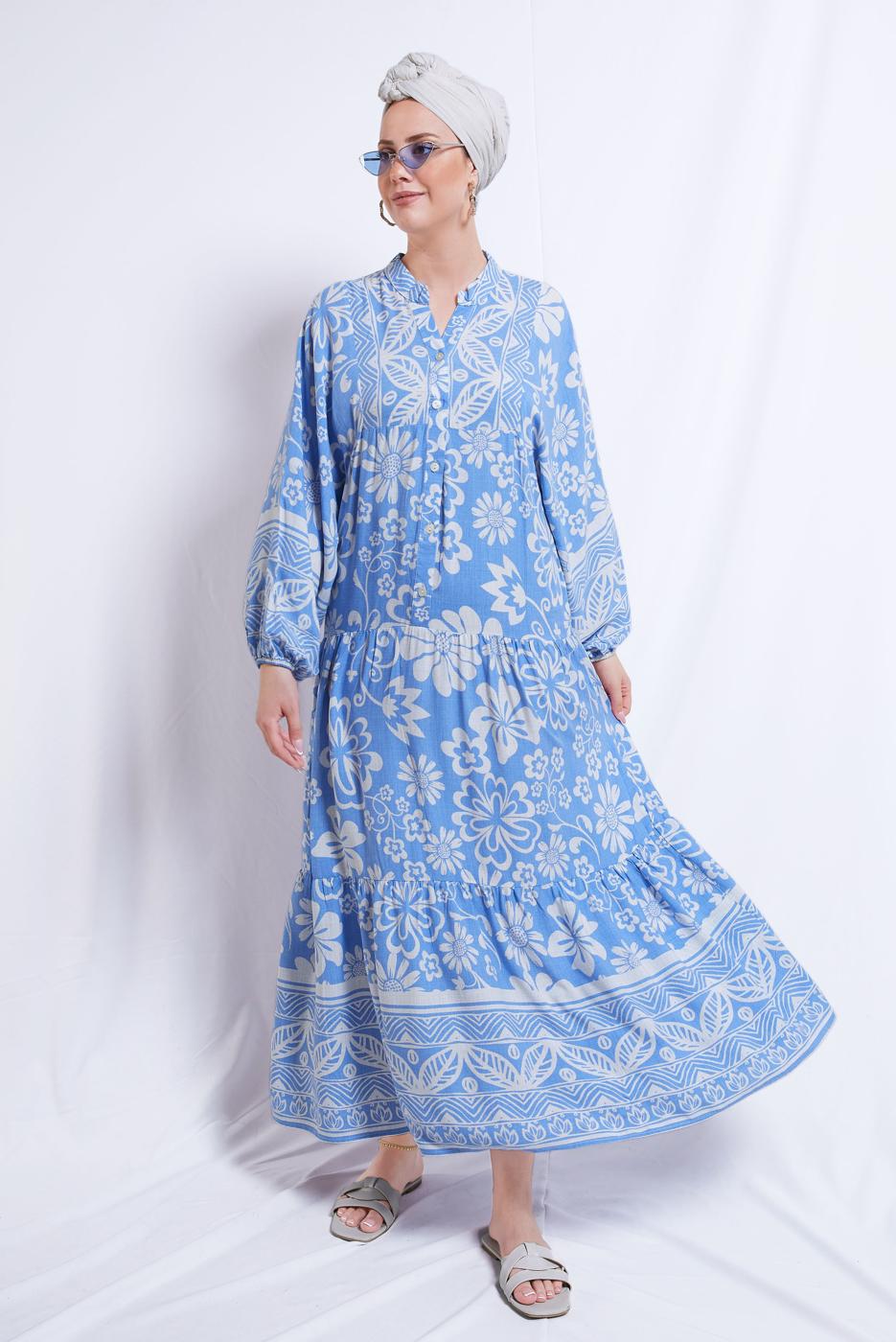 Tesettür giyim MAVİ ÇİÇEK DESENLİ VİSKON ELBİSE T 8375