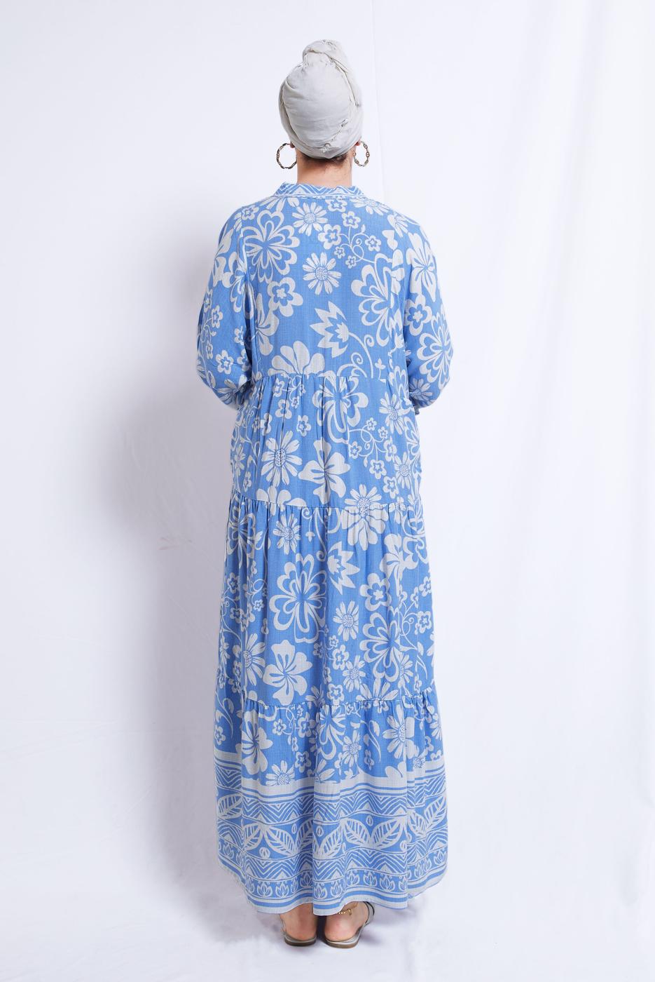 Tesettür giyim MAVİ ÇİÇEK DESENLİ VİSKON ELBİSE T 8375