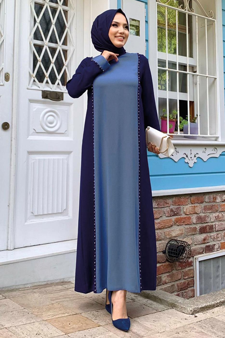 Tesettür giyim LACİVERT İKİ RENKLİ TAŞLI ELBİSE T 8483