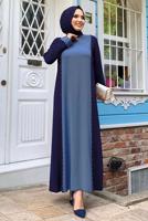 Tesettür giyim LACİVERT İKİ RENKLİ TAŞLI ELBİSE T 8483