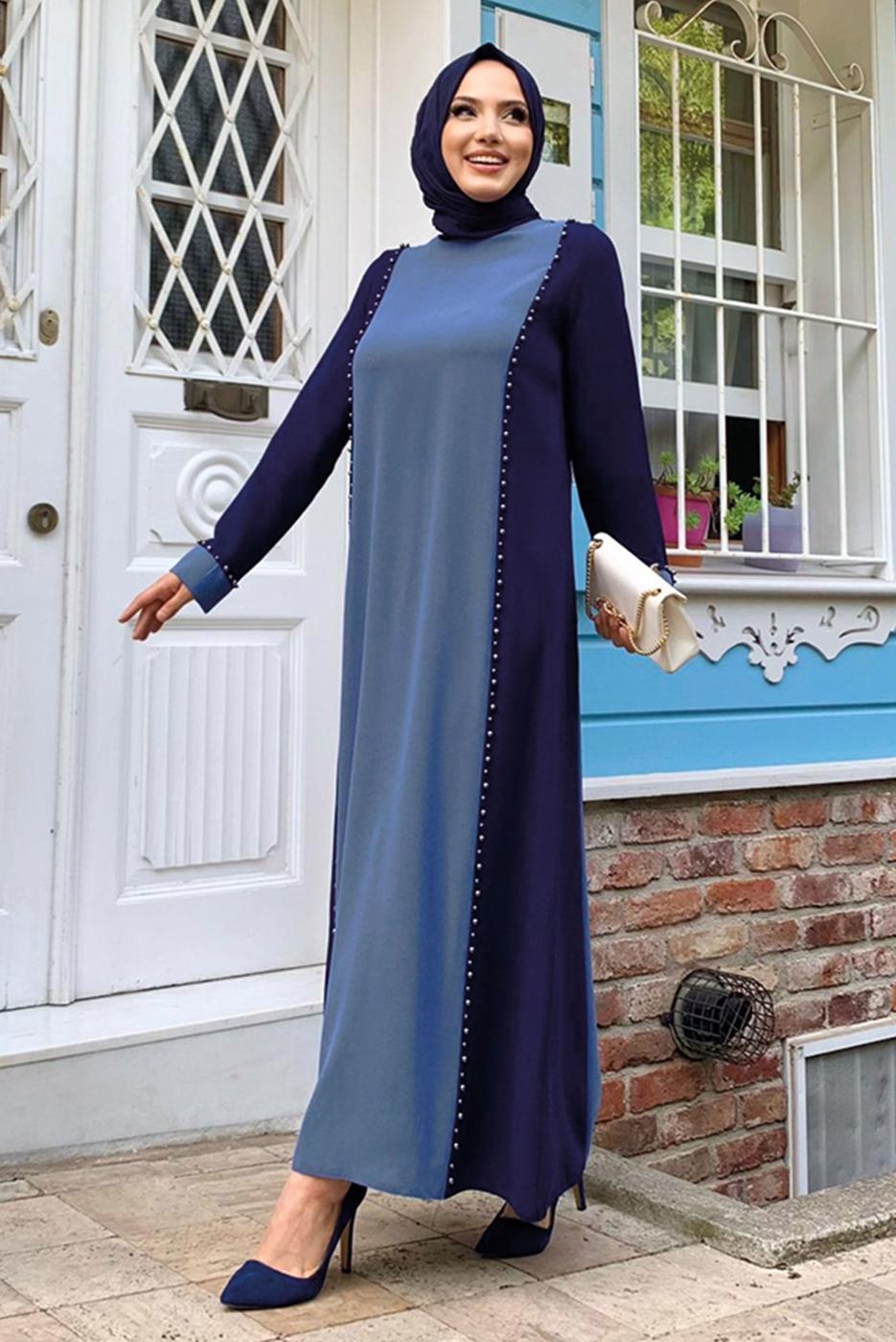 Tesettür giyim LACİVERT İKİ RENKLİ TAŞLI ELBİSE T 8483