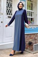 Tesettür giyim LACİVERT İKİ RENKLİ TAŞLI ELBİSE T 8483