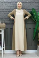 Tesettür giyim VİZON İKİ RENKLİ TAŞLI ELBİSE T 8483