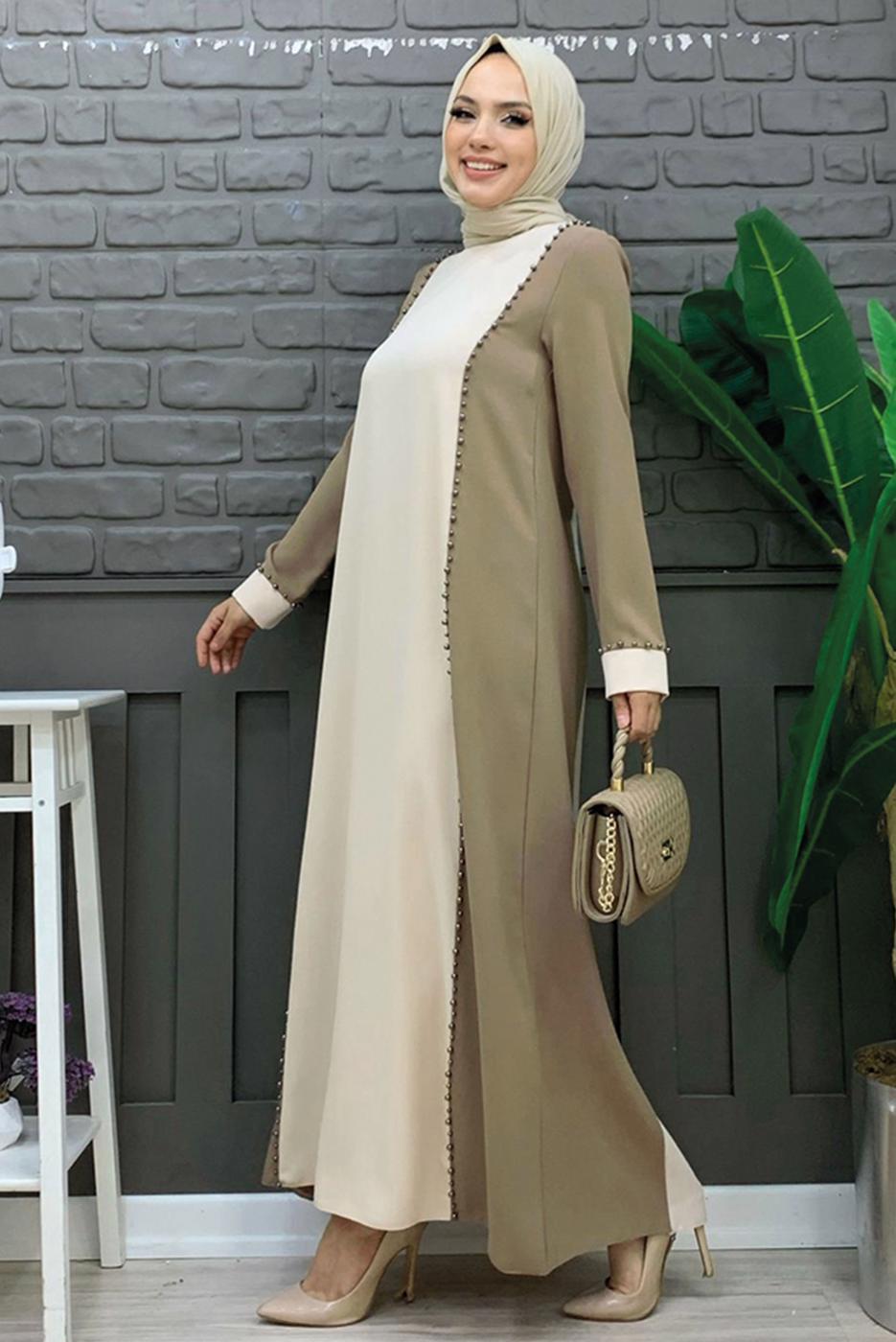 Tesettür giyim VİZON İKİ RENKLİ TAŞLI ELBİSE T 8483