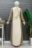 Tesettür giyim VİZON İKİ RENKLİ TAŞLI ELBİSE T 8483
