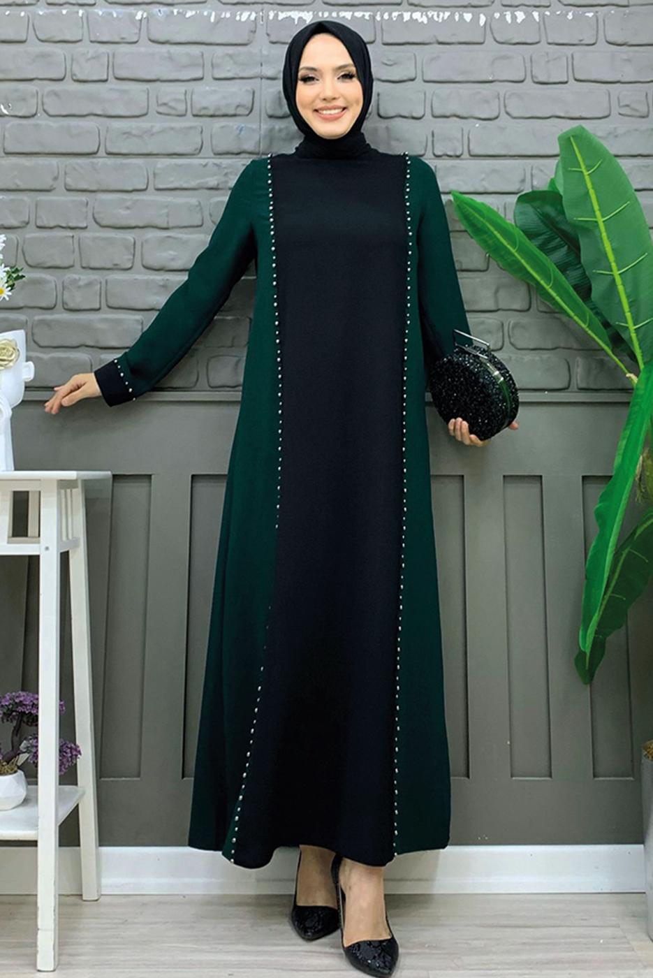 Tesettür giyim YEŞİL İKİ RENKLİ TAŞLI ELBİSE T 8483