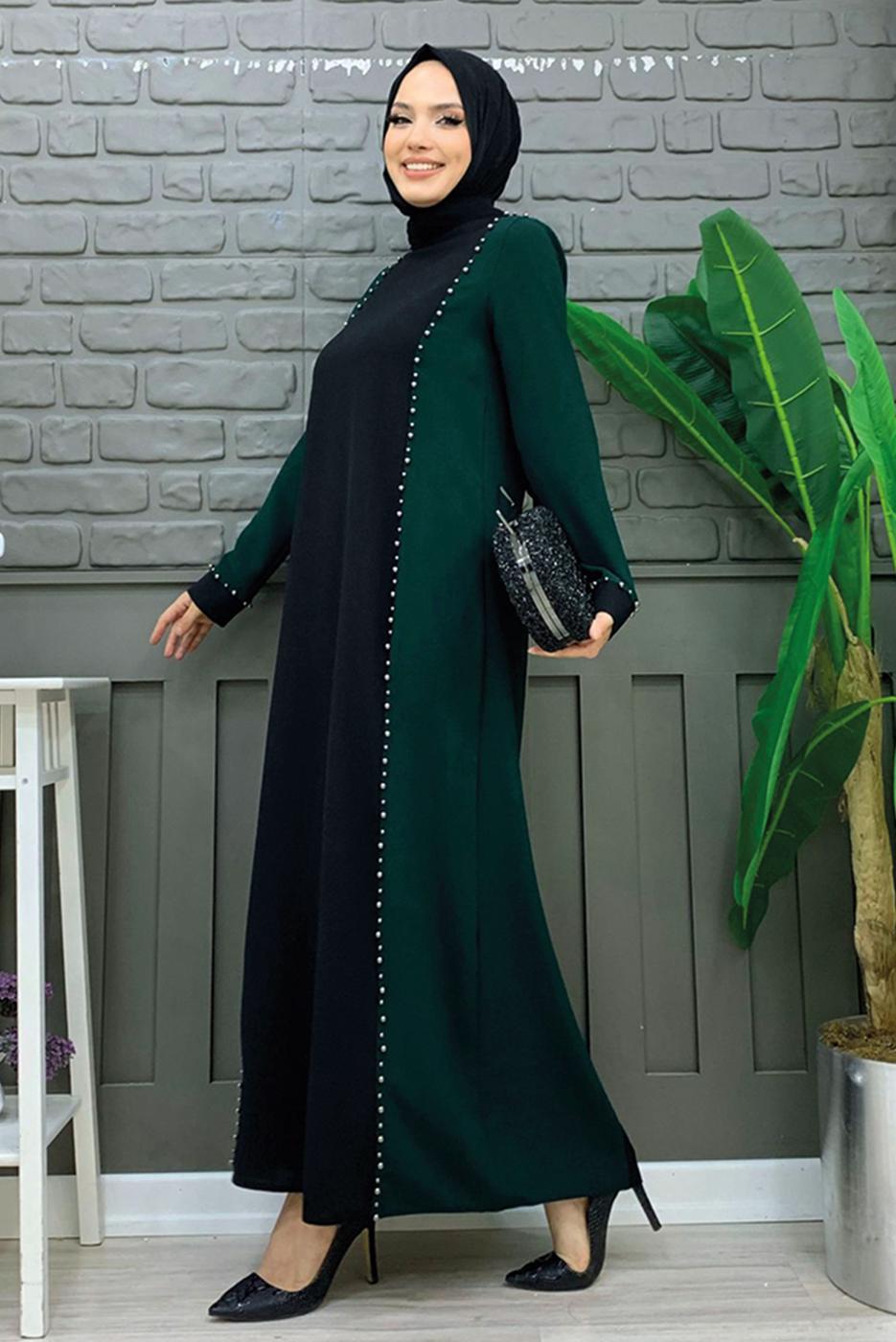 Tesettür giyim YEŞİL İKİ RENKLİ TAŞLI ELBİSE T 8483