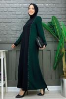Tesettür giyim YEŞİL İKİ RENKLİ TAŞLI ELBİSE T 8483