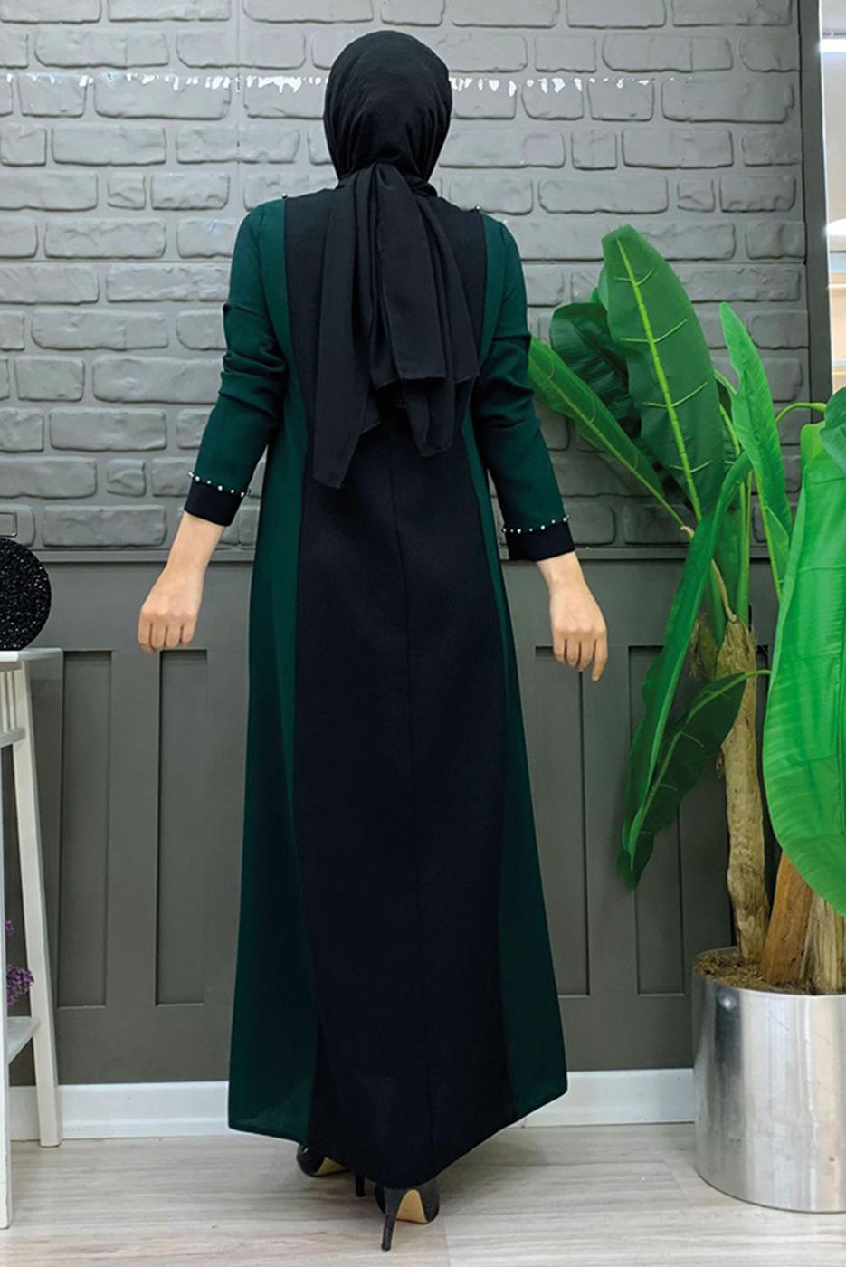 Tesettür giyim YEŞİL İKİ RENKLİ TAŞLI ELBİSE T 8483