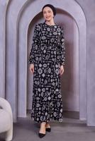 Tesettür giyim SİYAH KUŞAKLI DESENLİ ELBİSE T 8493