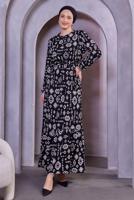 Tesettür giyim SİYAH KUŞAKLI DESENLİ ELBİSE T 8493