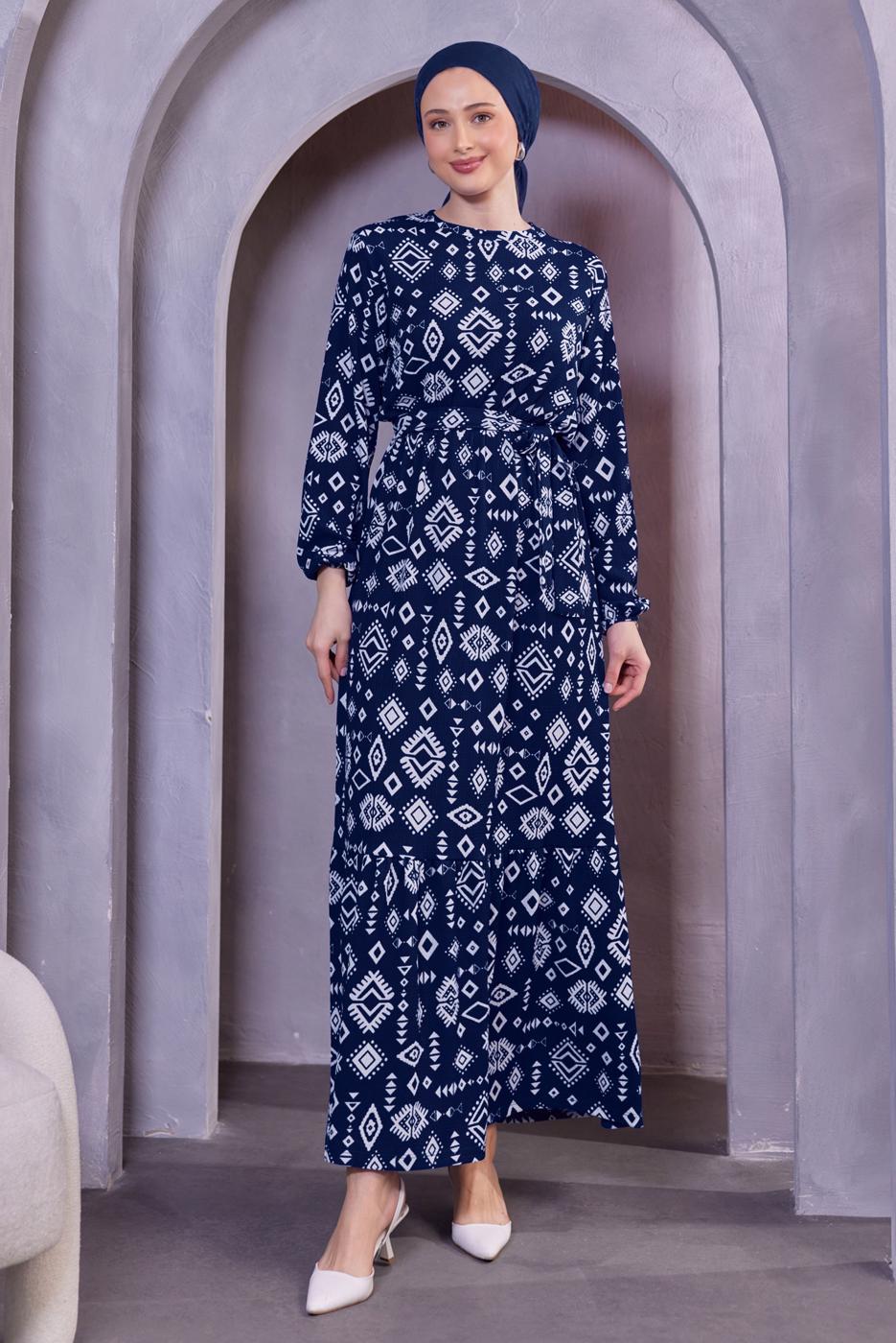 Tesettür giyim LACİVERT KUŞAKLI DESENLİ ELBİSE T 8493