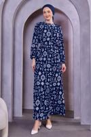 Tesettür giyim LACİVERT KUŞAKLI DESENLİ ELBİSE T 8493