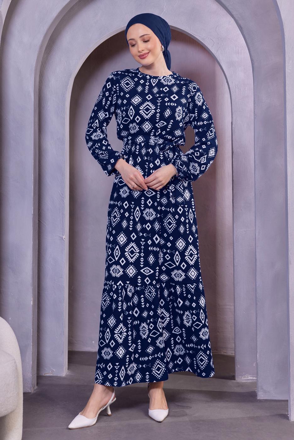 Tesettür giyim LACİVERT KUŞAKLI DESENLİ ELBİSE T 8493