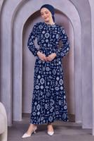 Tesettür giyim LACİVERT KUŞAKLI DESENLİ ELBİSE T 8493